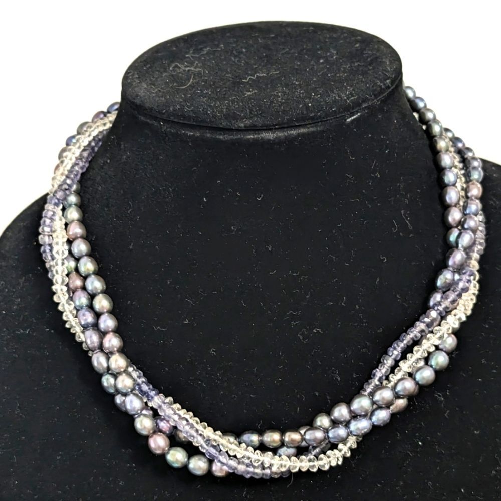 Vintage Peacock Pearl, Iolite, Crystal Necklace 925